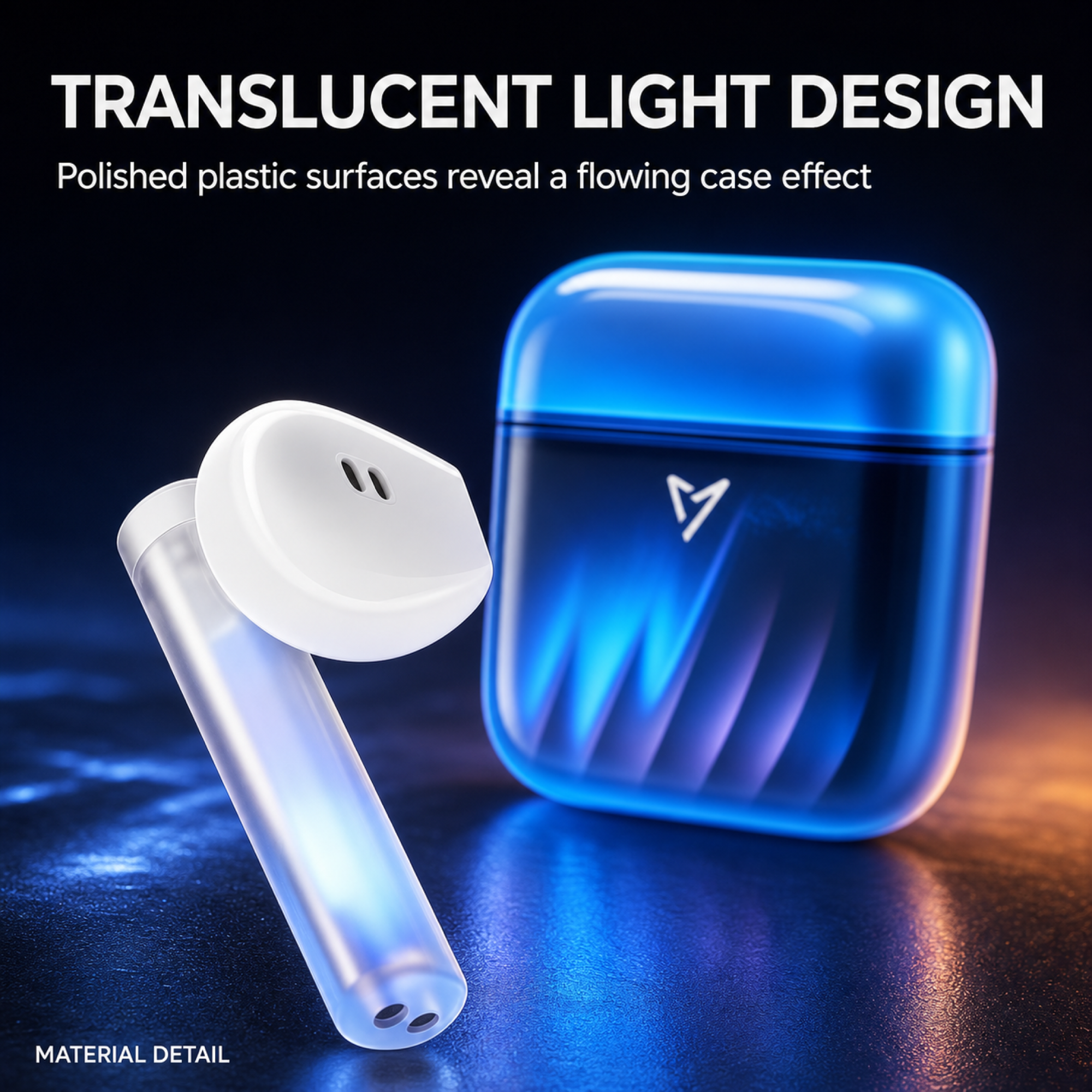 Translucent Blu Ray earbud and luminous case material detail