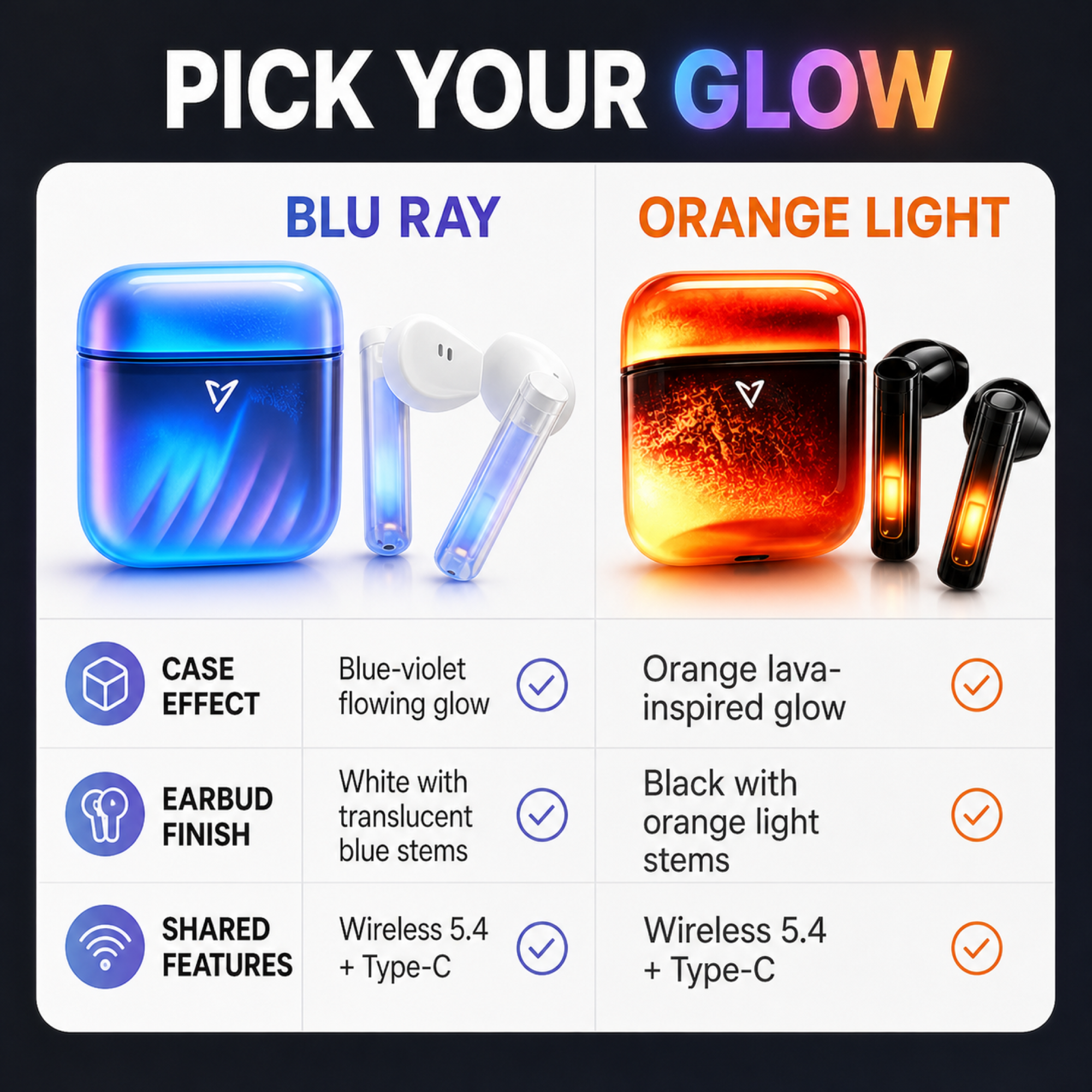 Blu Ray and Orange Light wireless earbud color comparison