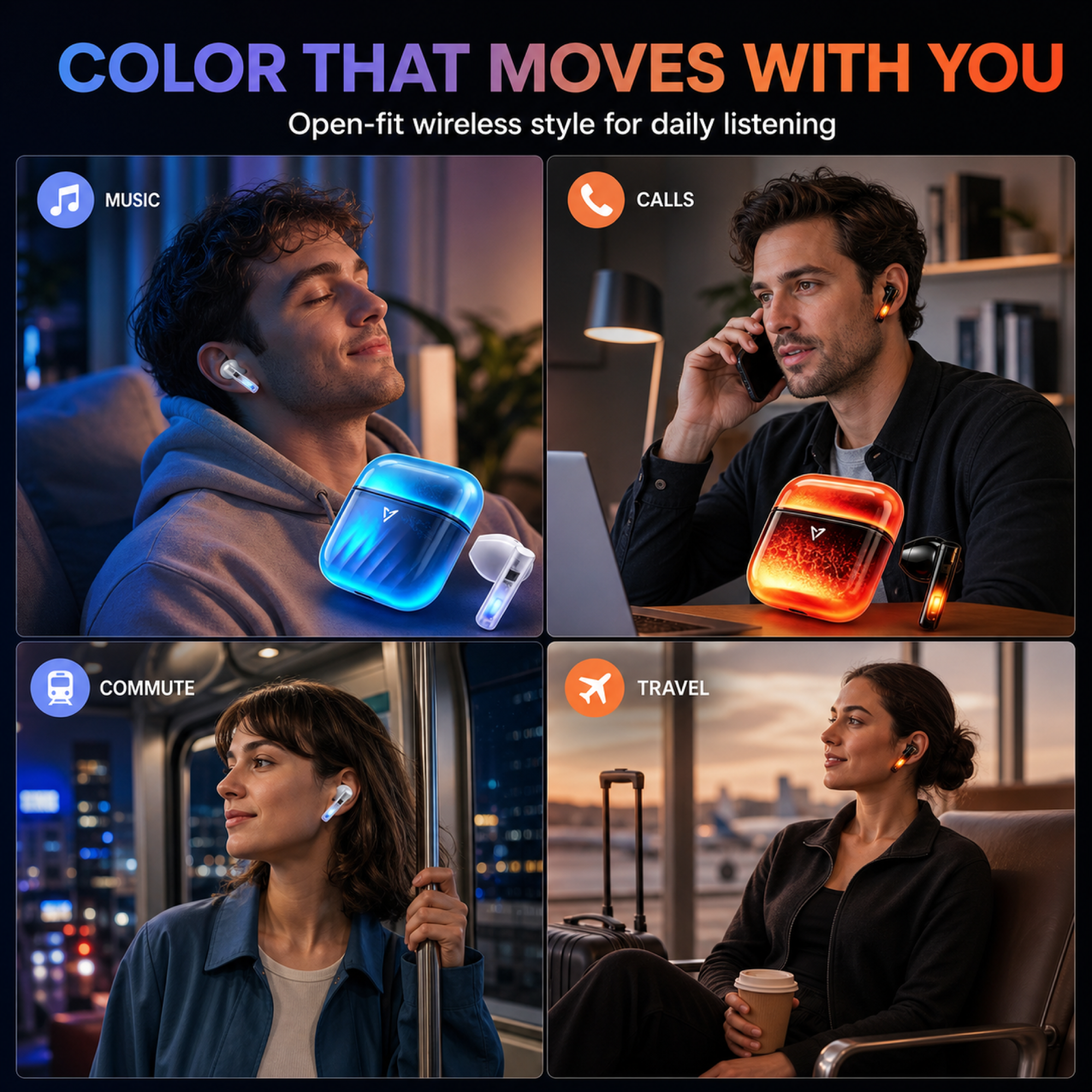 Open-fit wireless earbuds for music calls commuting and travel