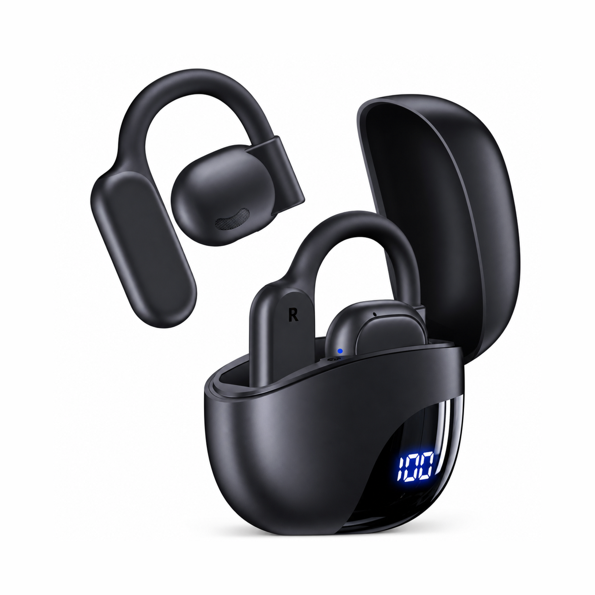 Black EARSOLE K08 open-ear AI translation earbuds with LED charging case on a white background