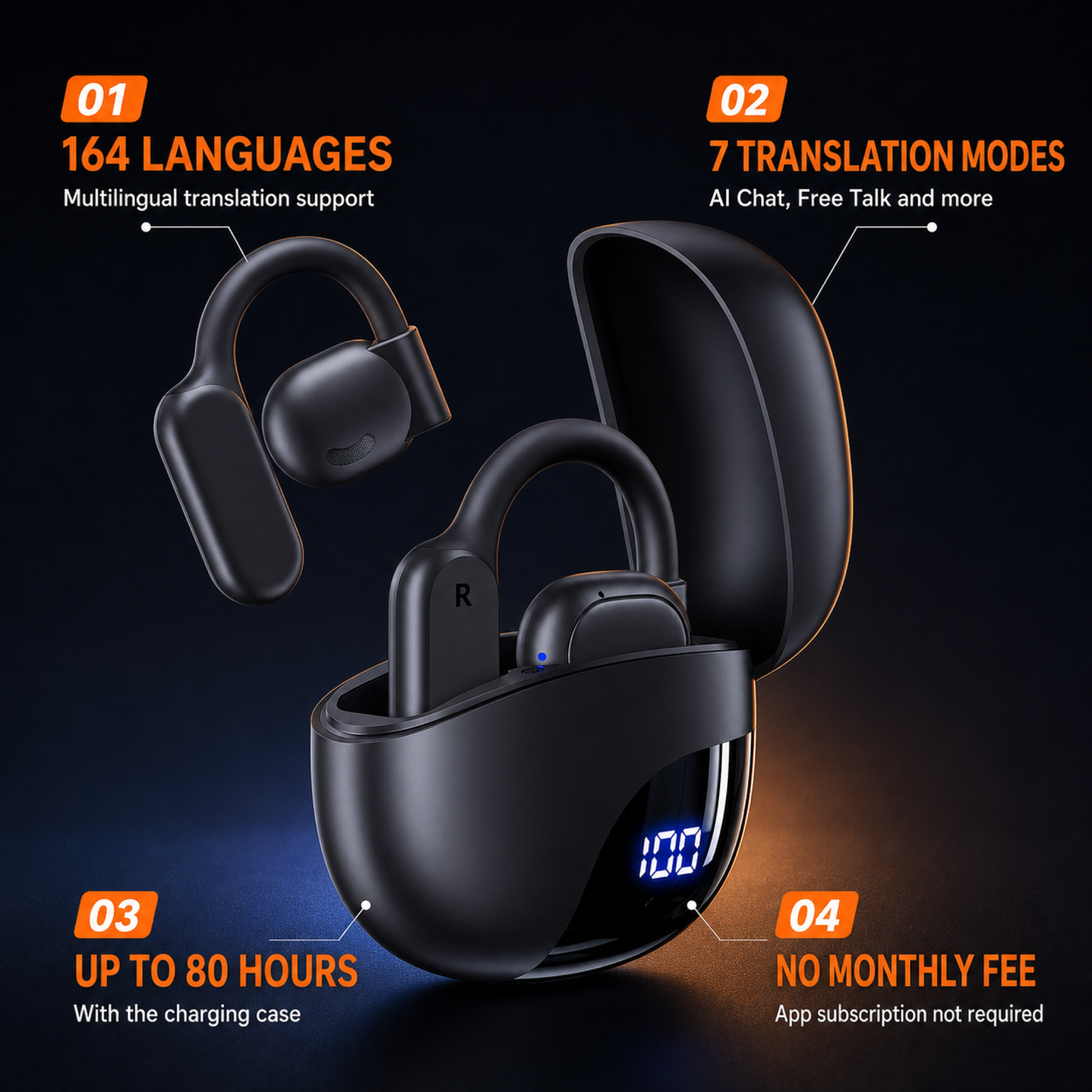 EARSOLE K08 AI translation earbuds with 164 languages, seven modes, up to 80 hours and no monthly app fee