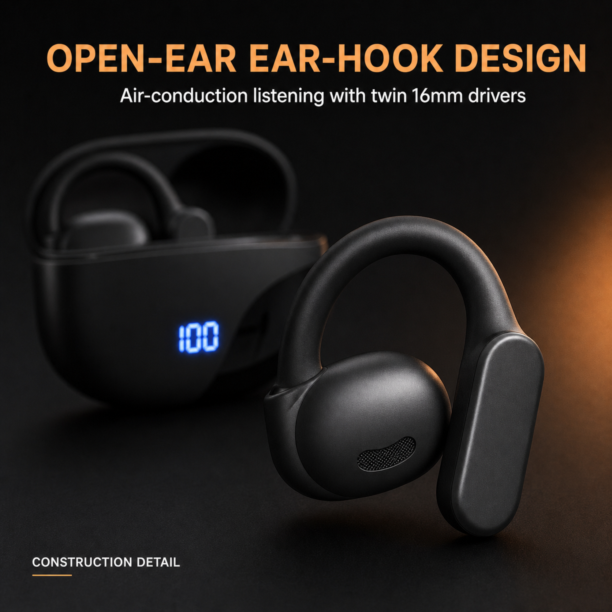 Close-up of the EARSOLE K08 open-ear ear-hook design with twin 16mm air-conduction drivers