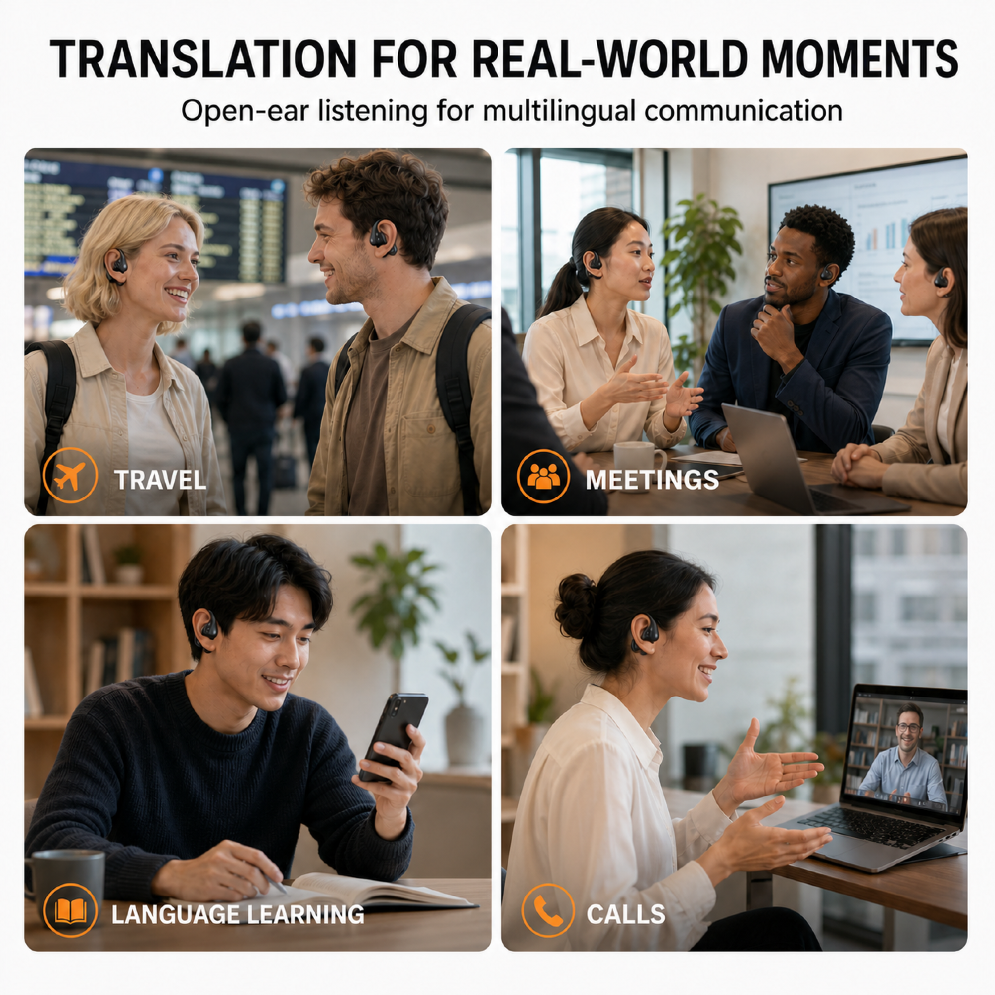 EARSOLE K08 translation earbuds used for travel, meetings, language learning and calls