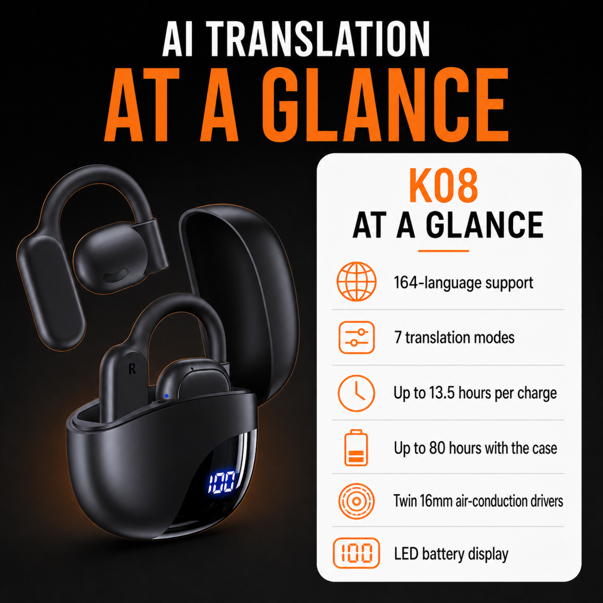 EARSOLE K08 AI translation earbuds specification card with 164-language support and up to 80 hours