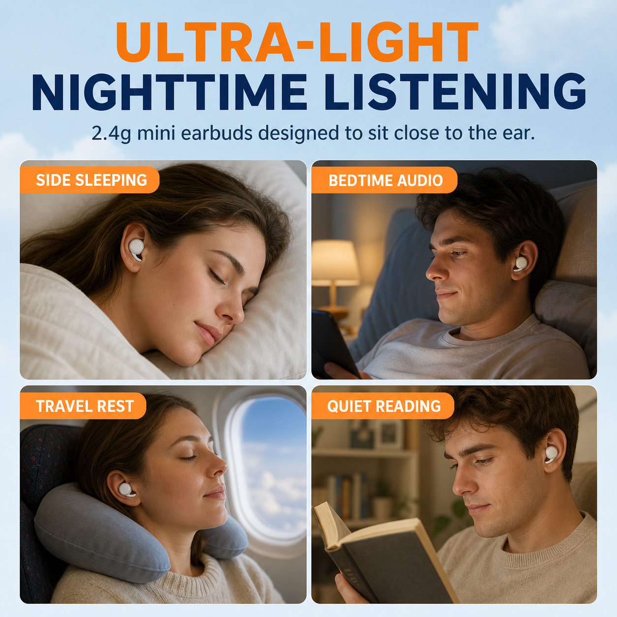 Sleeping earbuds for side sleeping bedtime travel and reading