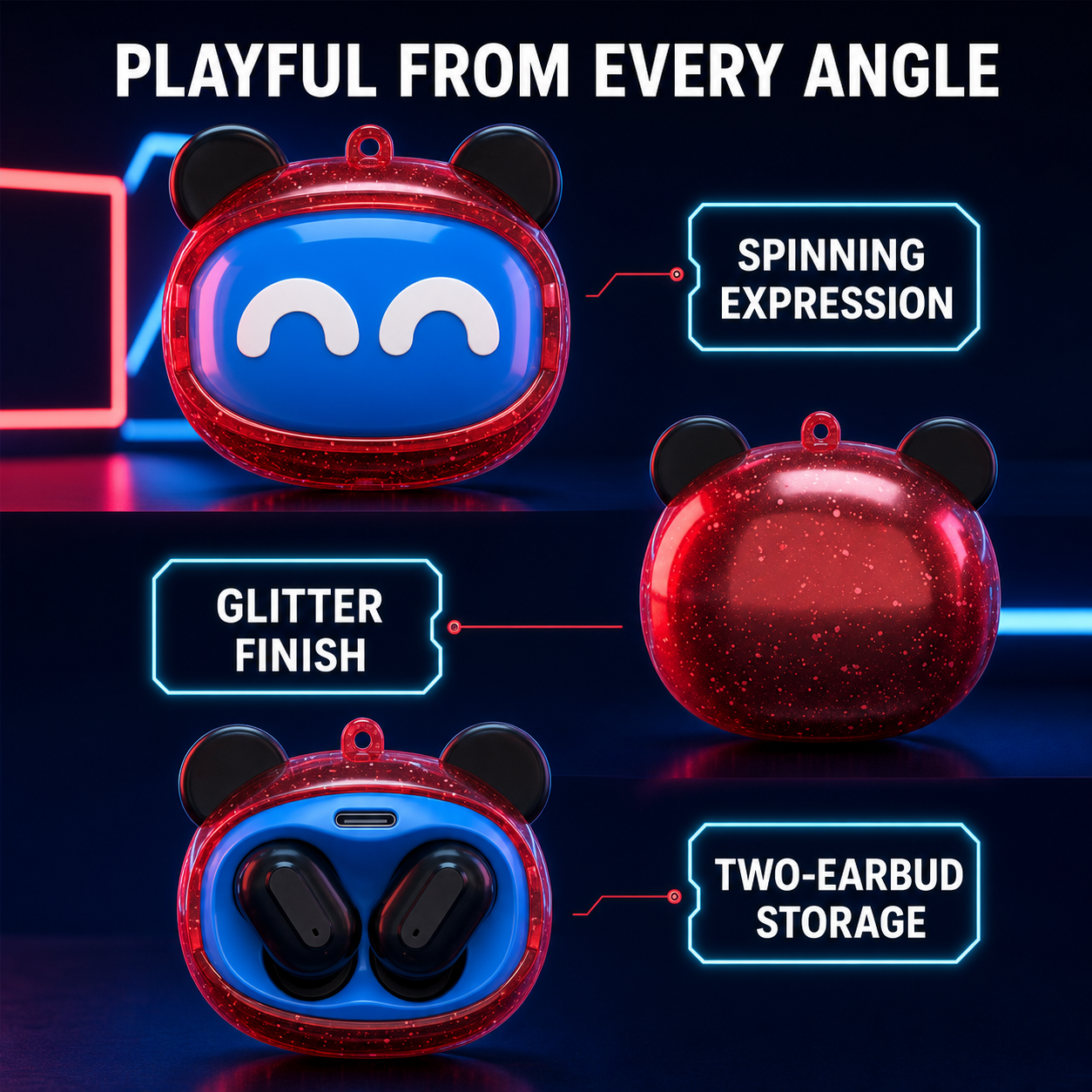 Transparent glitter wireless earbud case detail