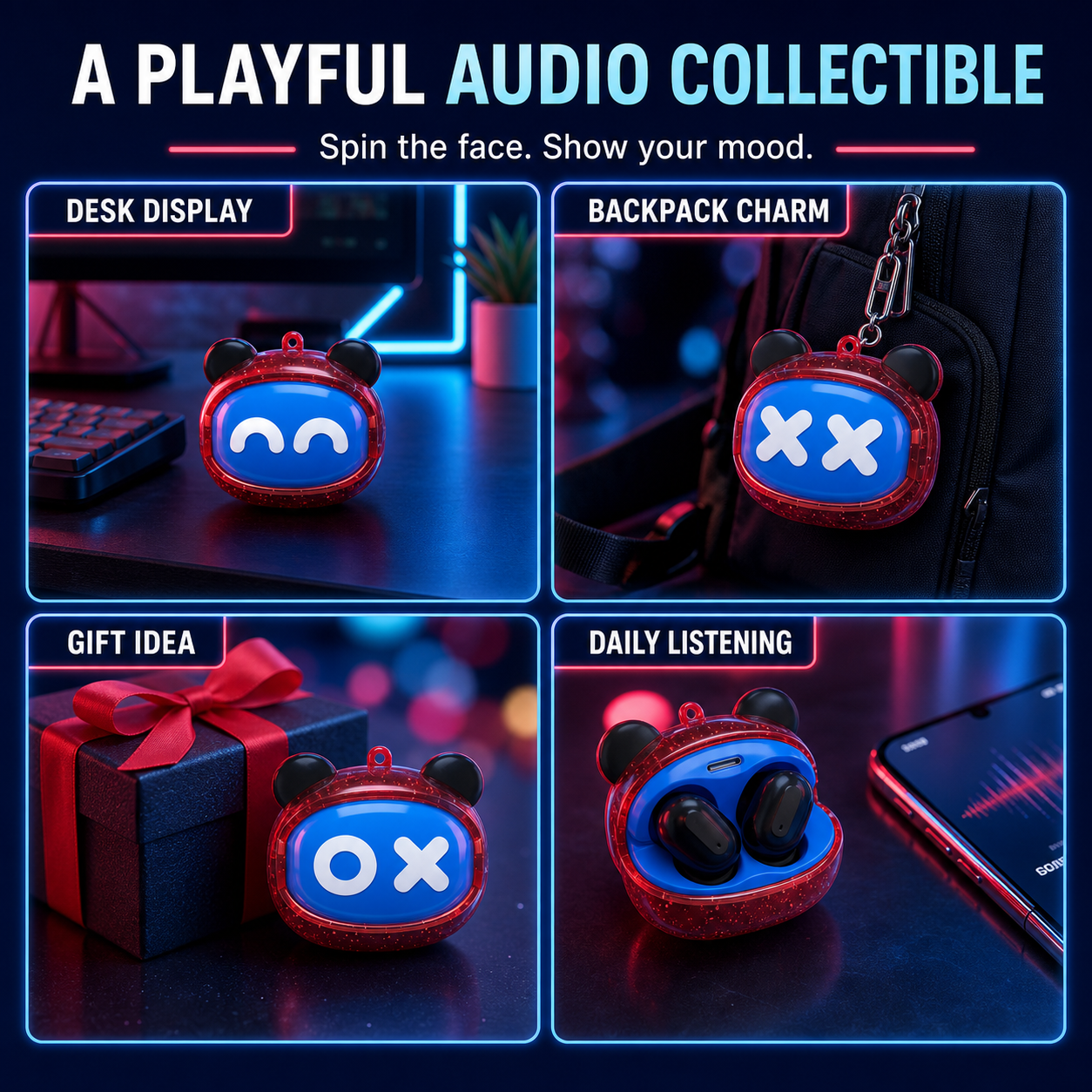 Novelty wireless earbuds as desk display backpack charm and gift