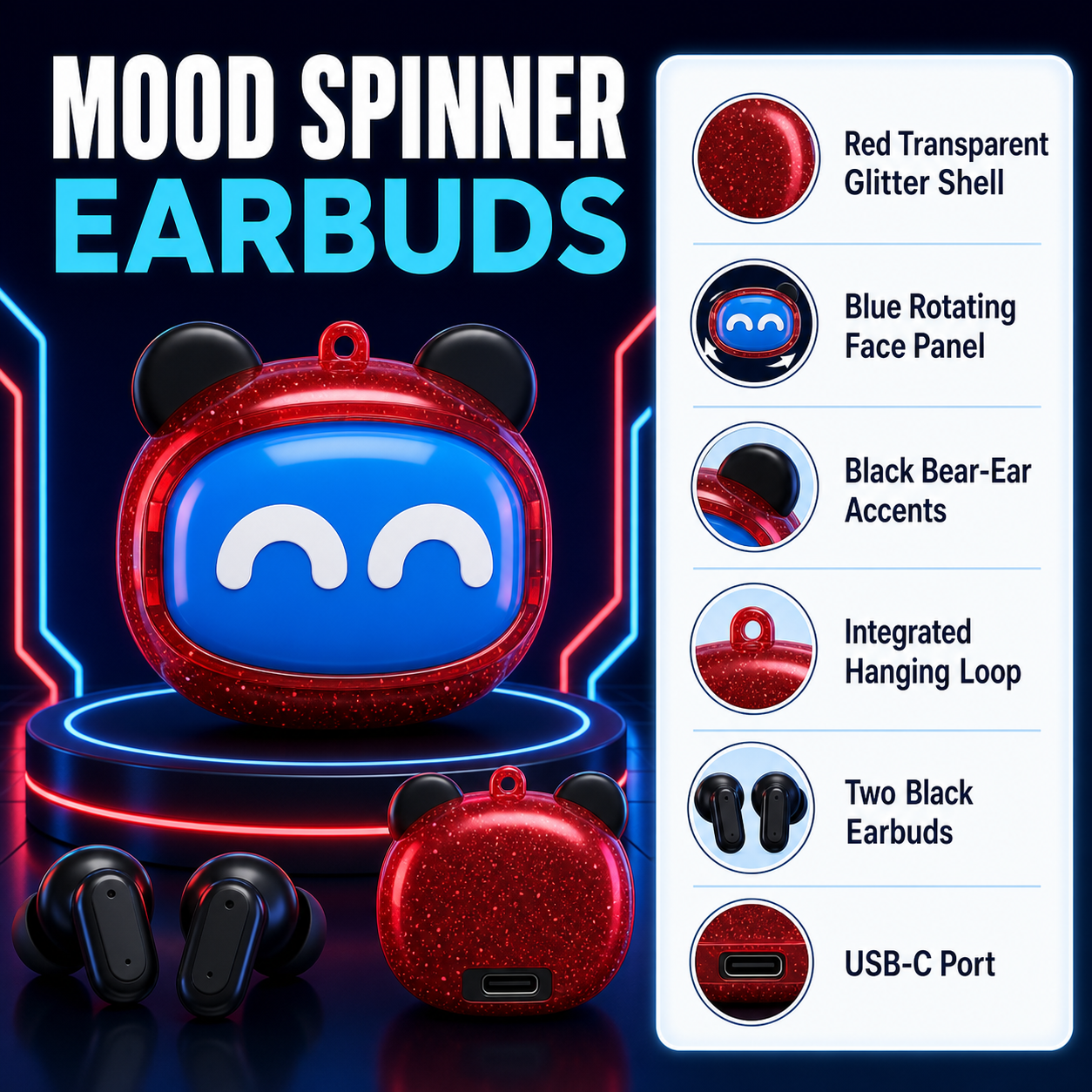 Mood Spinner earbud case visible specifications