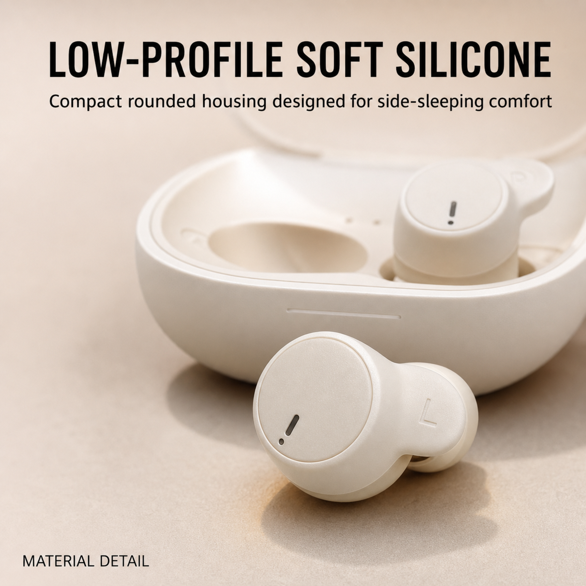 Close-up design detail of low-profile soft silicone sleep earbuds