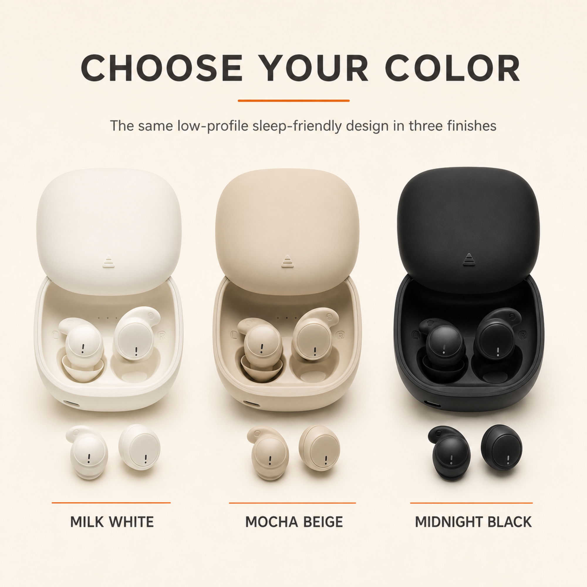 MY-20 sleeping earbuds in Milk White, Mocha Beige, and Midnight Black