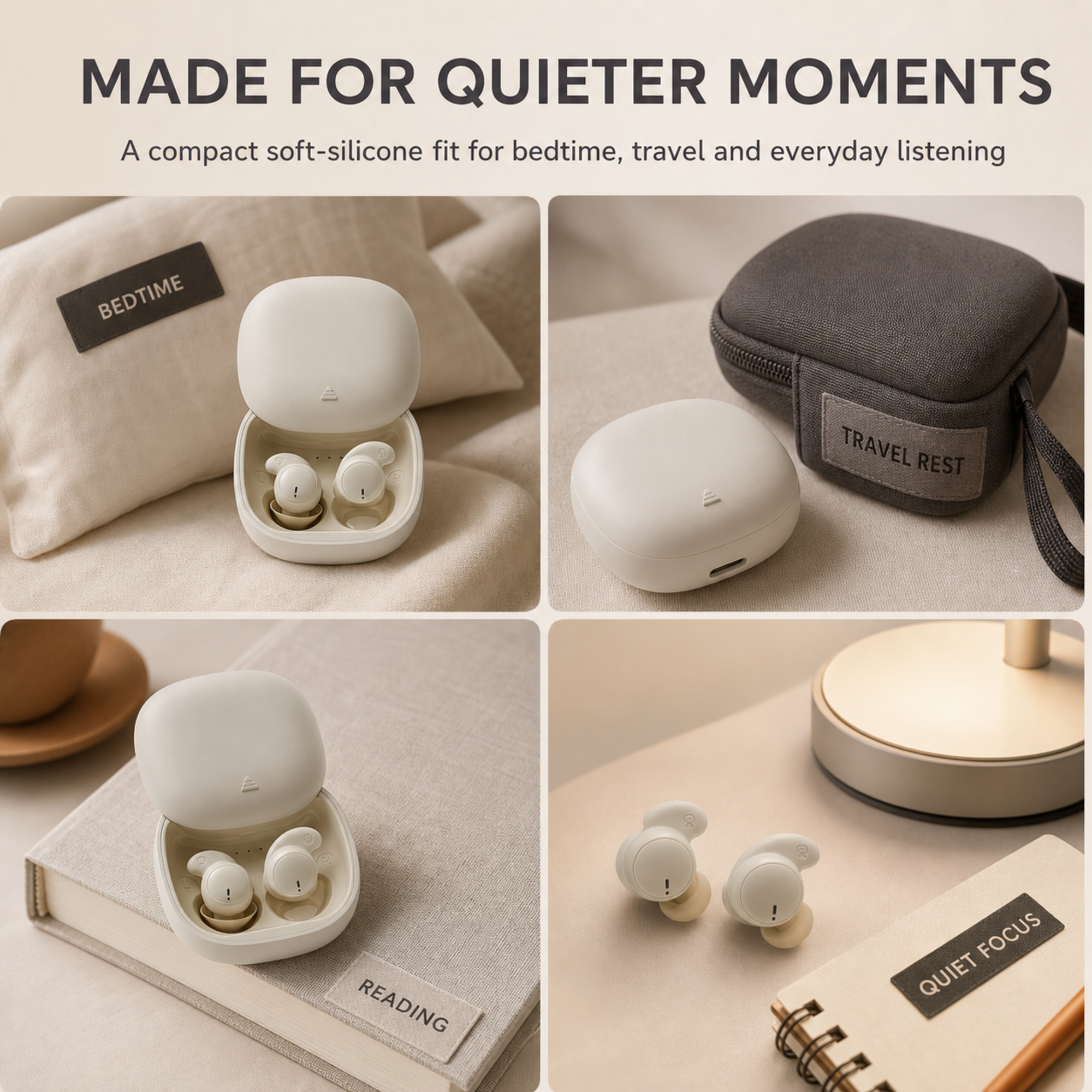 Sleeping earbuds for bedtime, side sleeping, travel rest, reading, and quiet focus