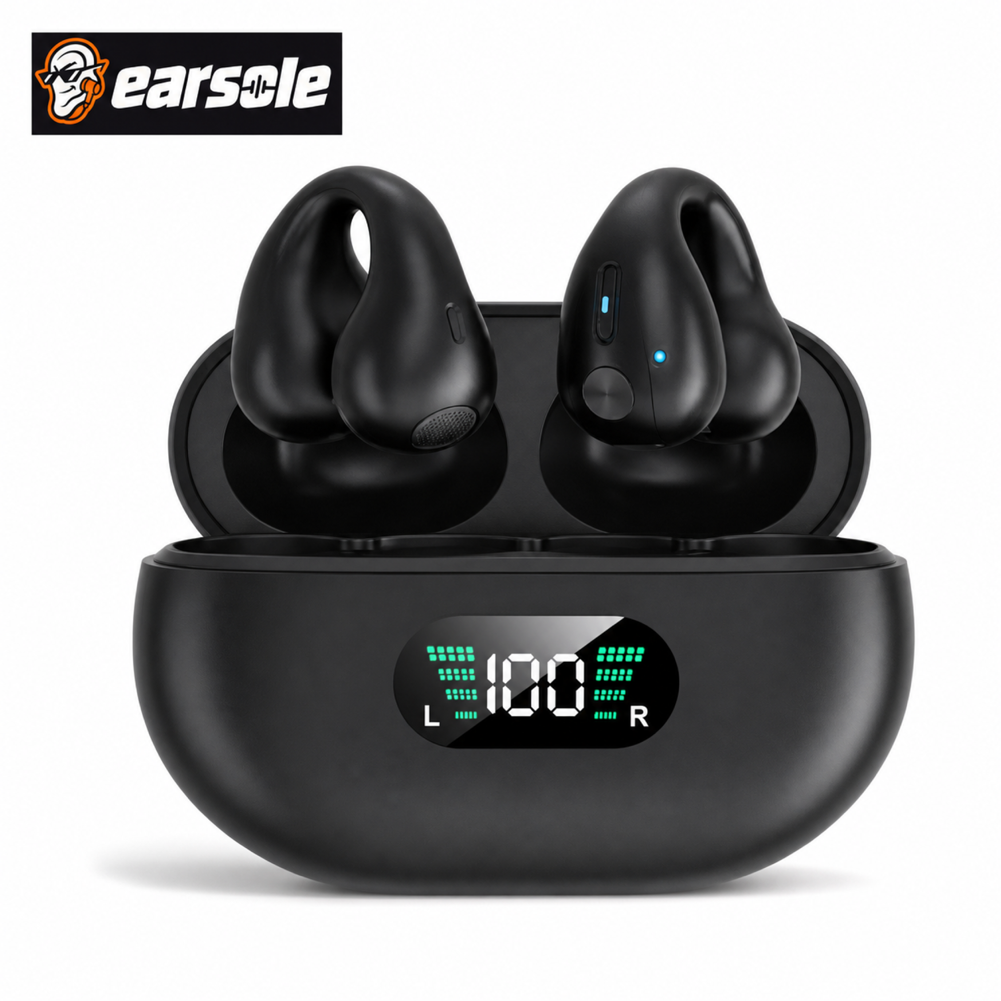 EARSOLE black open-ear clip-on wireless earbuds with LED charging case