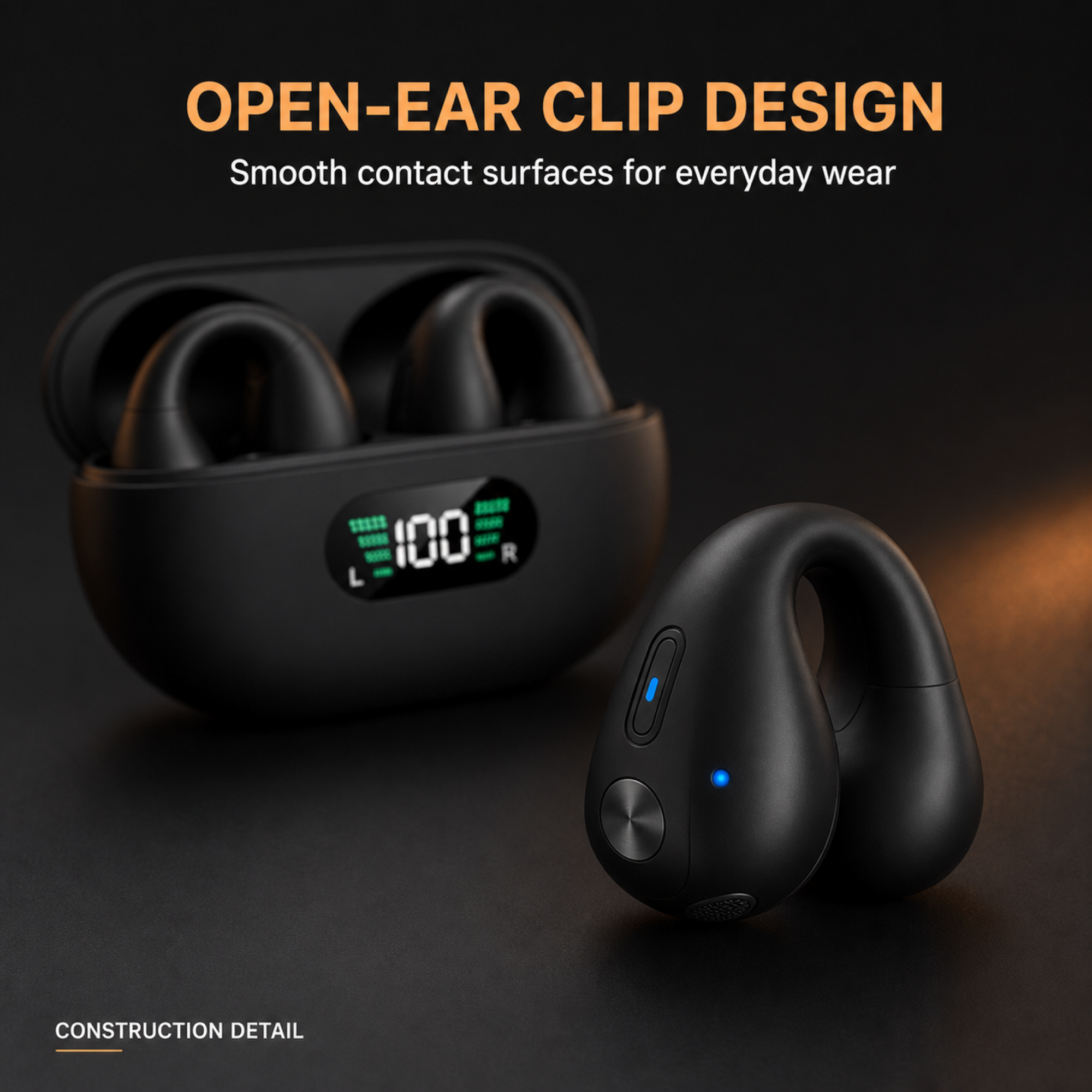 EARSOLE Open-Ear Clip-On Wireless Earbuds with LED Charging Case — alternate view