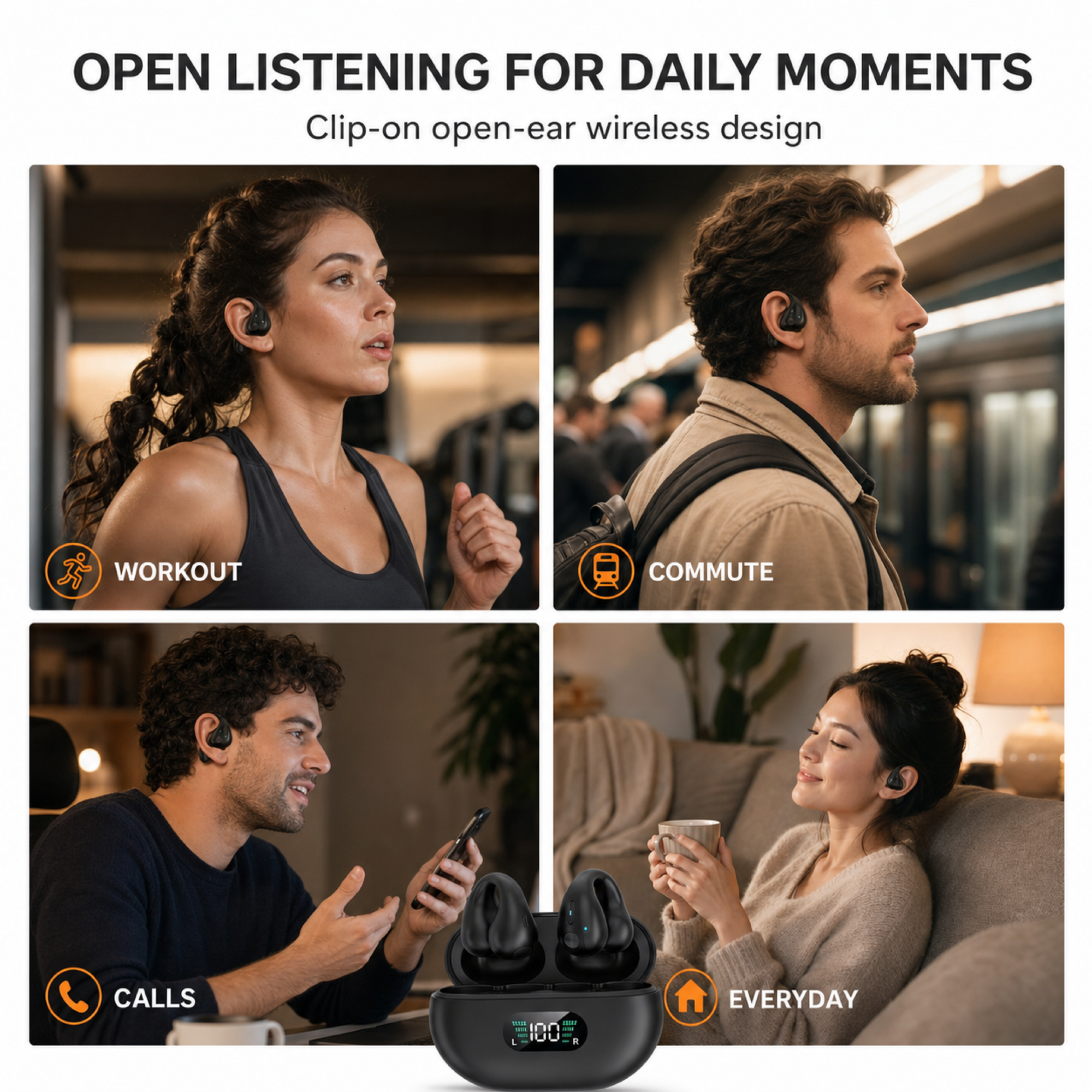 Open-ear wireless earbuds for workouts commuting calls and everyday use
