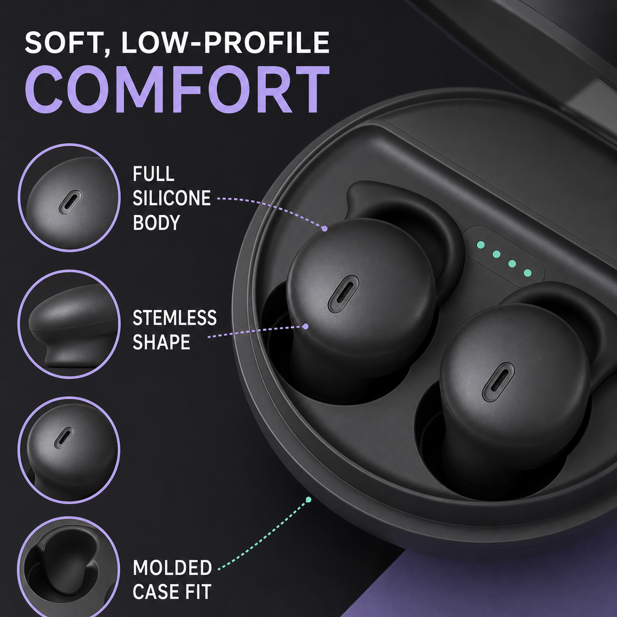 Q26 full silicone low-profile sleeping earbud detail