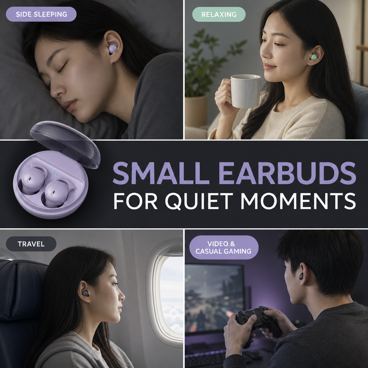 Small wireless earbuds for side sleeping relaxing travel and video