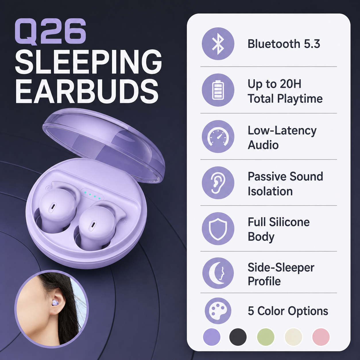Q26 Bluetooth 5.3 sleeping earbud specifications
