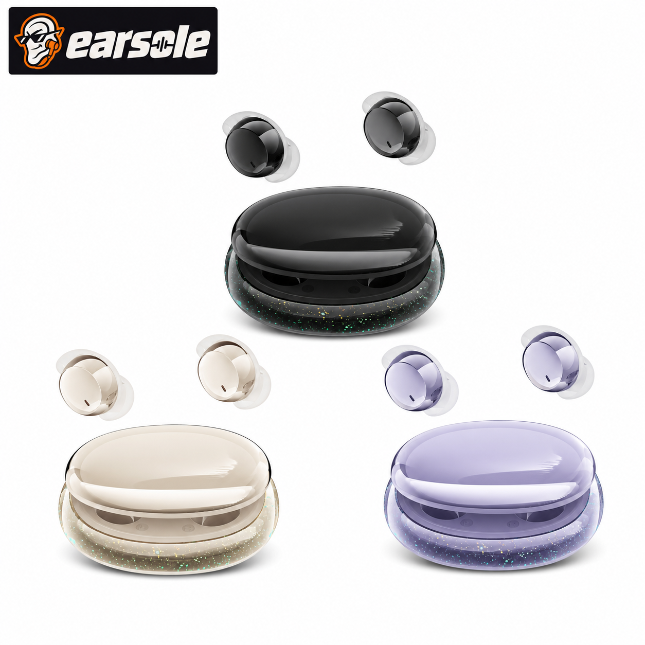 EARSOLE sleeping earbuds in Starry Black, Milk Tea White, and Aurora Purple