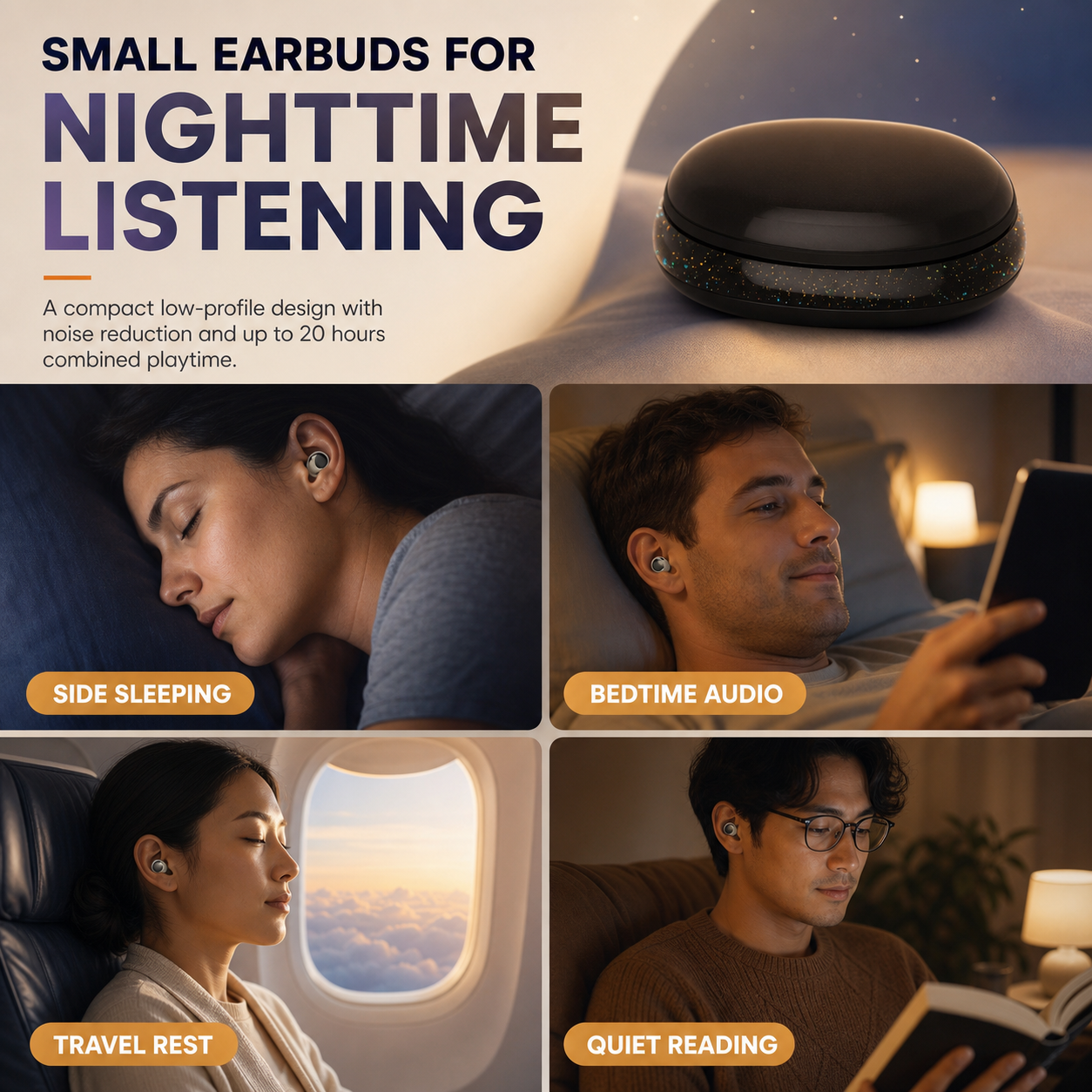 Sleeping earbuds for side sleeping bedtime travel and reading