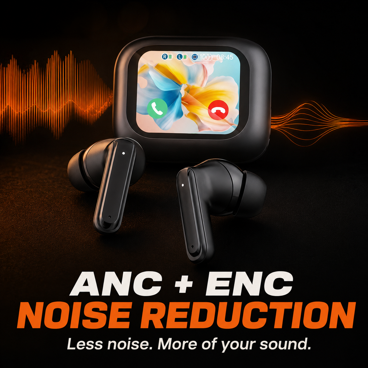 Black EARSOLE earbuds in front of their LCD touchscreen charging case, the screen showing an incoming call with answer and decline buttons, and the words ANC + ENC noise reduction printed below