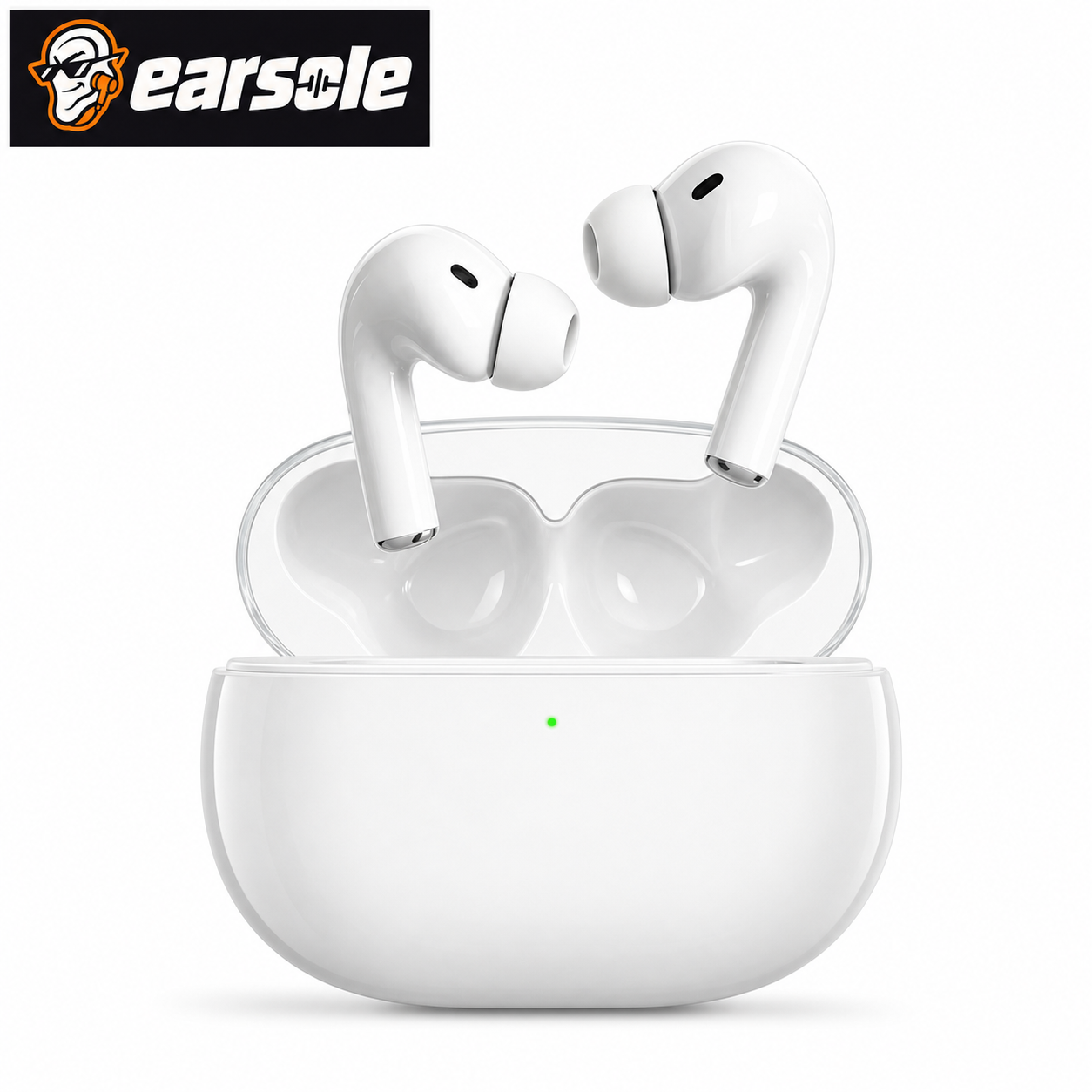 EARSOLE Smart Pro 3 white wireless earbuds and clear-lid charging case