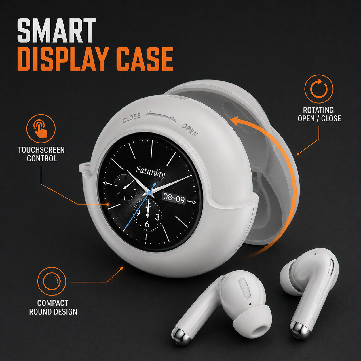 Round touchscreen charging case detail