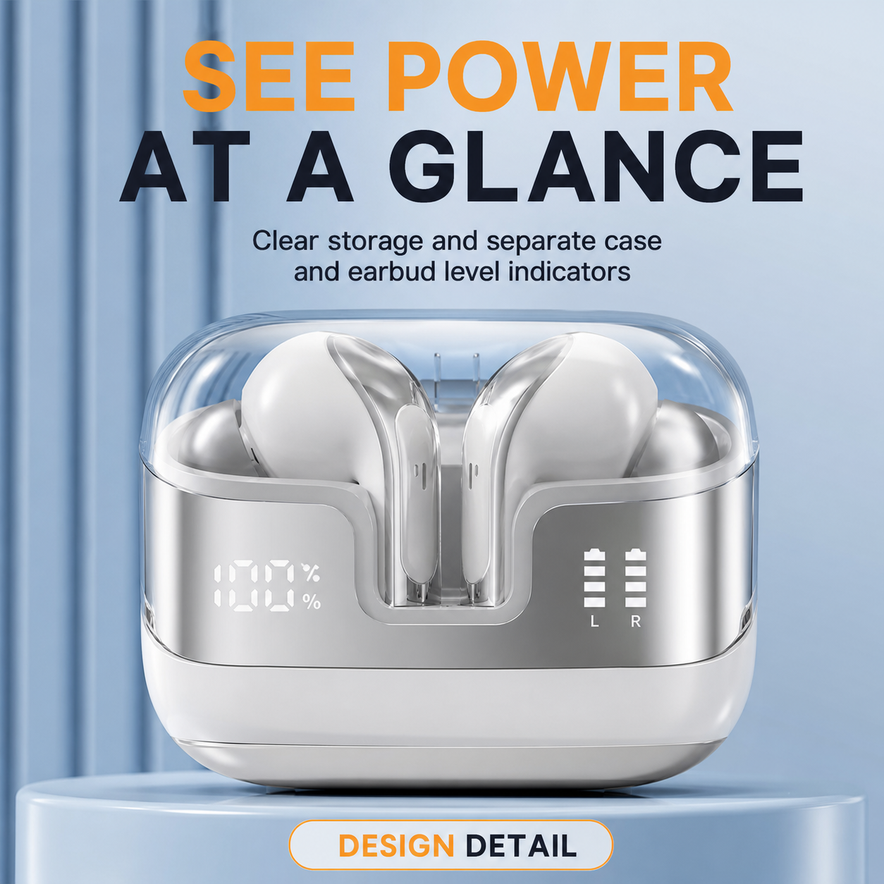 Clear-lid wireless earbuds charging case with battery display