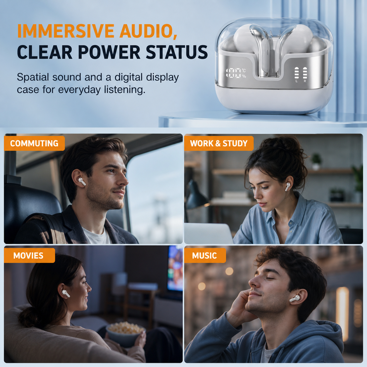 Wireless earbuds for commuting work movies and music