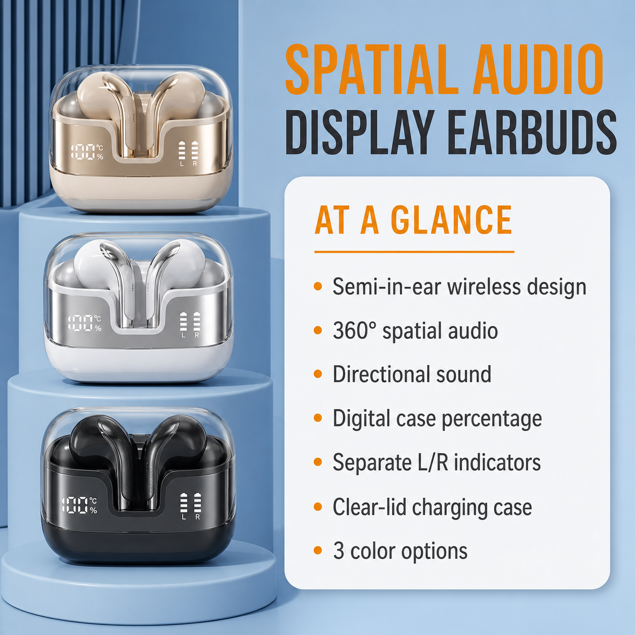 Semi-in-ear wireless earbuds with three color options