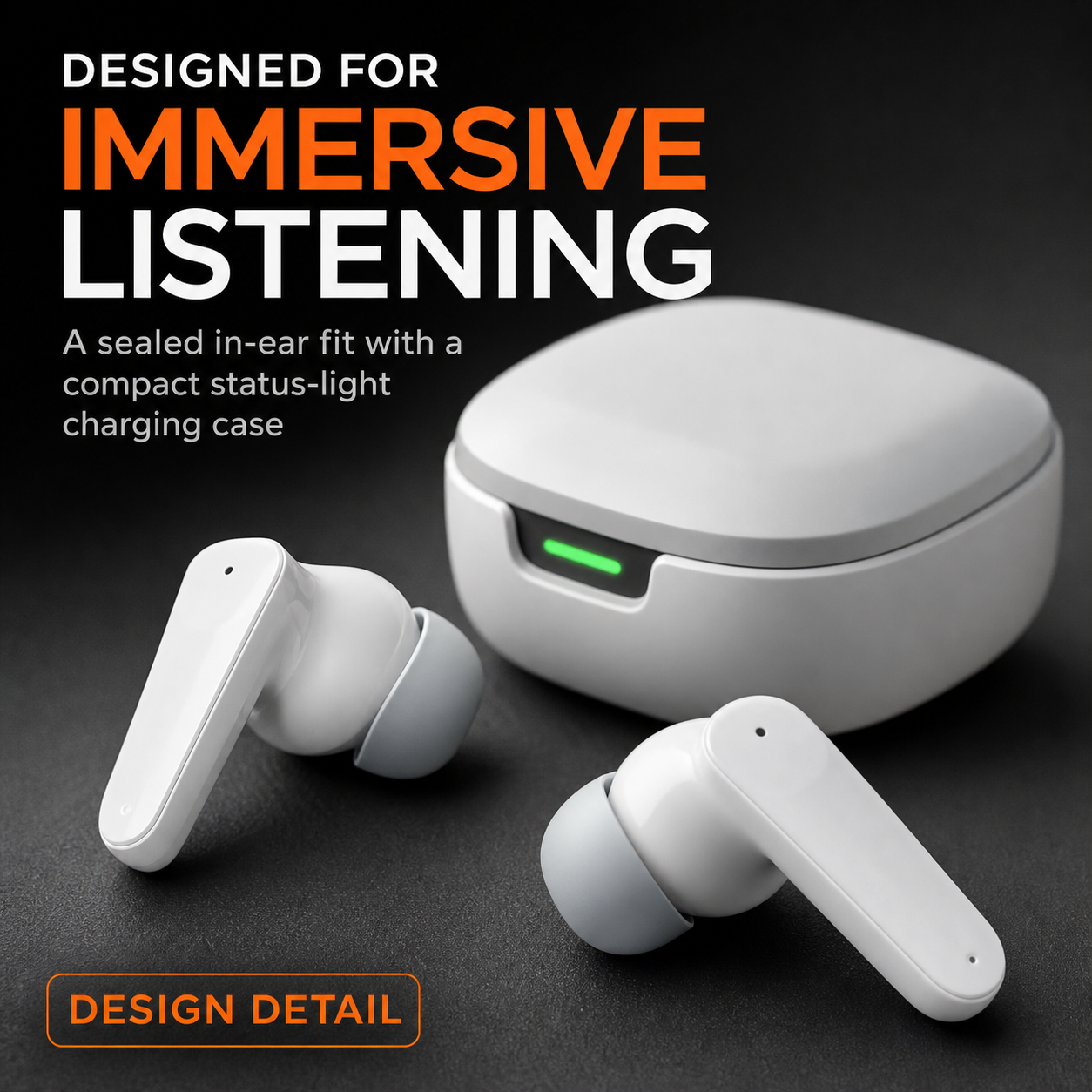 In-ear gaming earbuds and compact status-light charging case